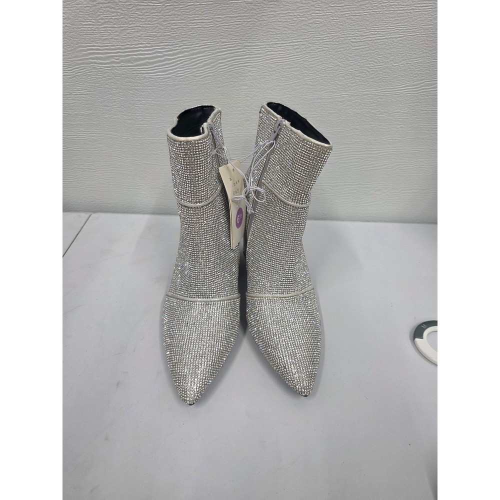 A New Day Calin Rhinestone Ankle Boots Silver Pointed Toe Block Heel Size 6.5